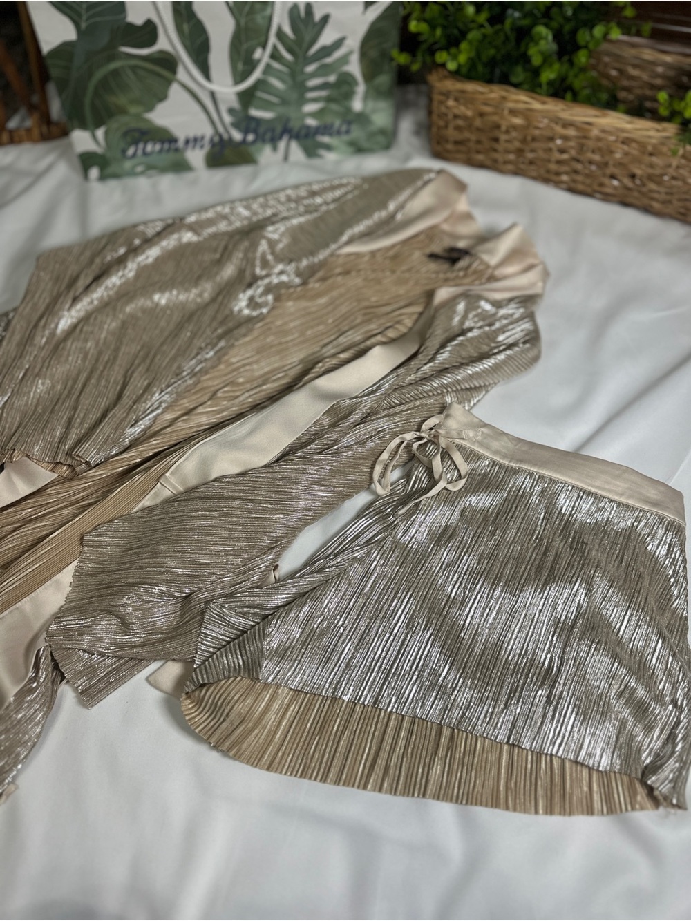 VICTORIA SECRET Metallic Pleated Two-Piece Set in Champagne. Size M/L
